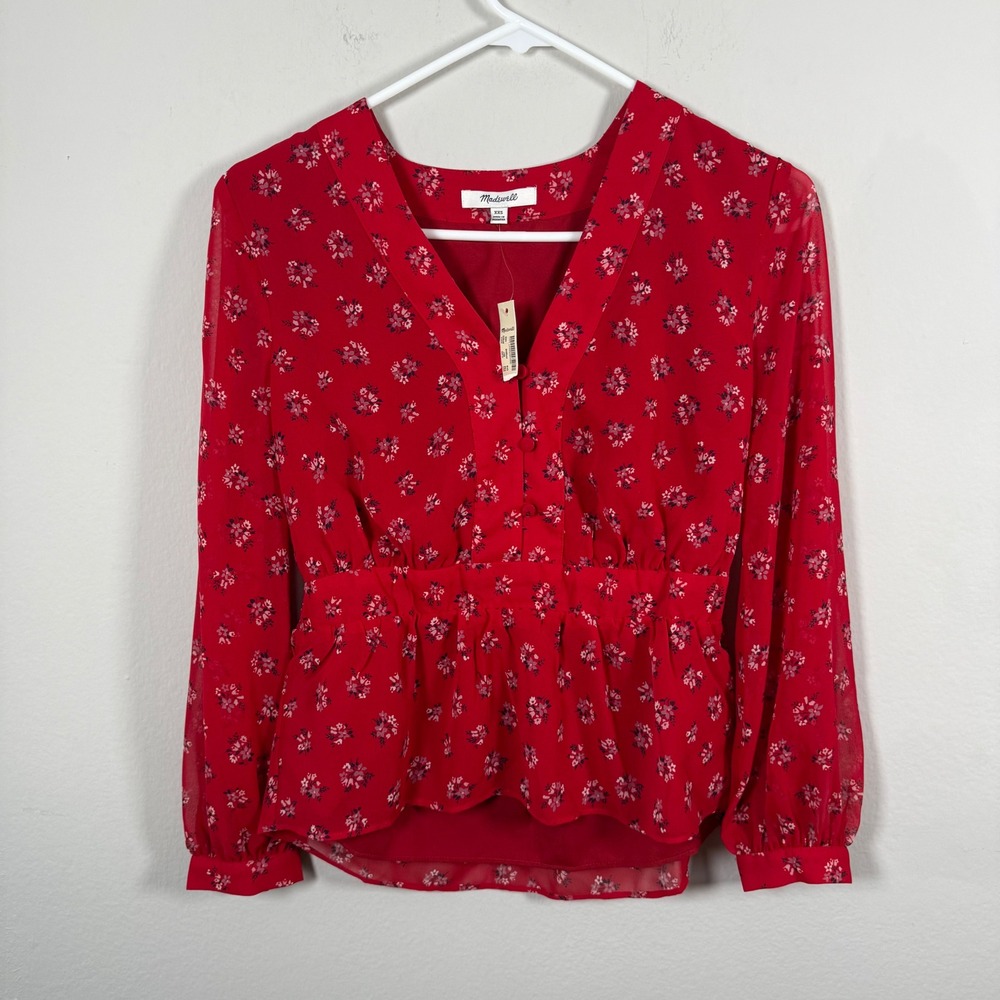Madewell Red Floral V-Neck Smocked Peplum Top Long Sleeve AF833 XXS NEW